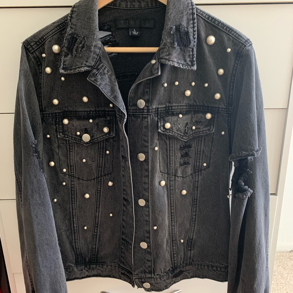Faded black distressed denim Jacket with embellishments size L
